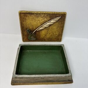 Syroco Wood Book Trinket Box Gold Faux Leather Quill Inkwell Vintage USA